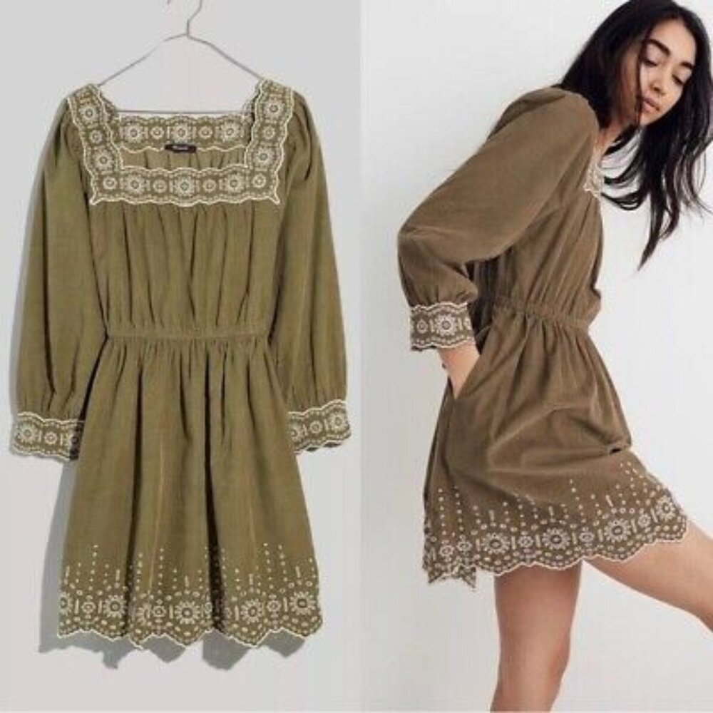 Green eyelet corduroy dress with a square neck. So cuuute!